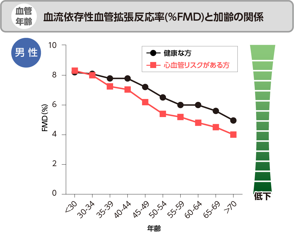 血管年齢　血流依存性血管拡張反応率（％FMD)と加齢の関係（男性）